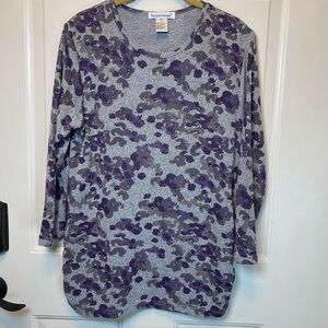Bonnie Evans Knit Top Sz S Gray Purple Abstract Soo Soft 3/4 Sleeve Side Ruching
